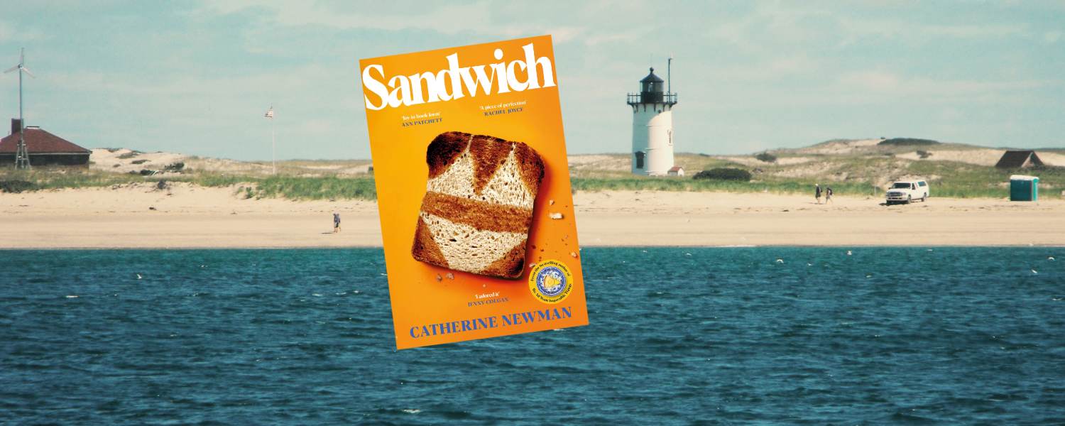 a dark blue sea moving into sandy coastline with a white lighthouse and a large white house. An overlay containing a book cover that is a piece of toast covered with an outline of a two piece bikini