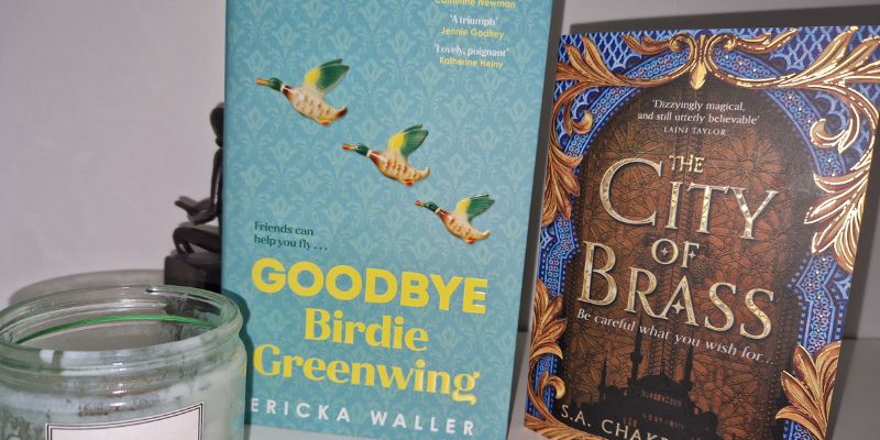 Two books (Goodbye Birdie Greenwing by Ericka Waller and The City of Brass by S.A. Chakraborty) on a white shelf with an Istoria Candle